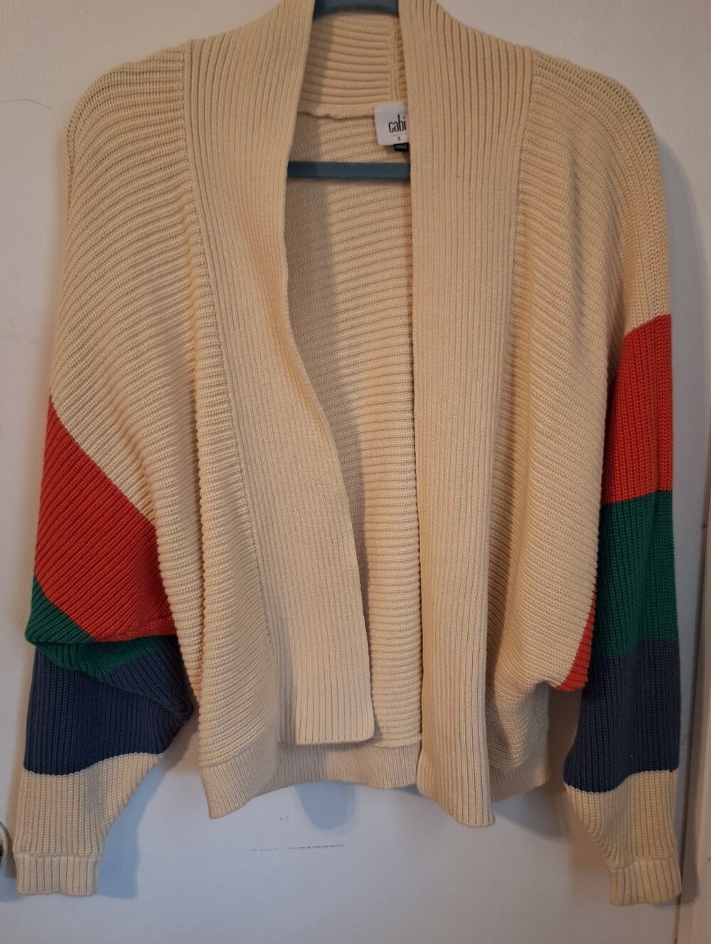 CAbi Cream Cardigan with Red, Green & Navy Colorblock Sleeves